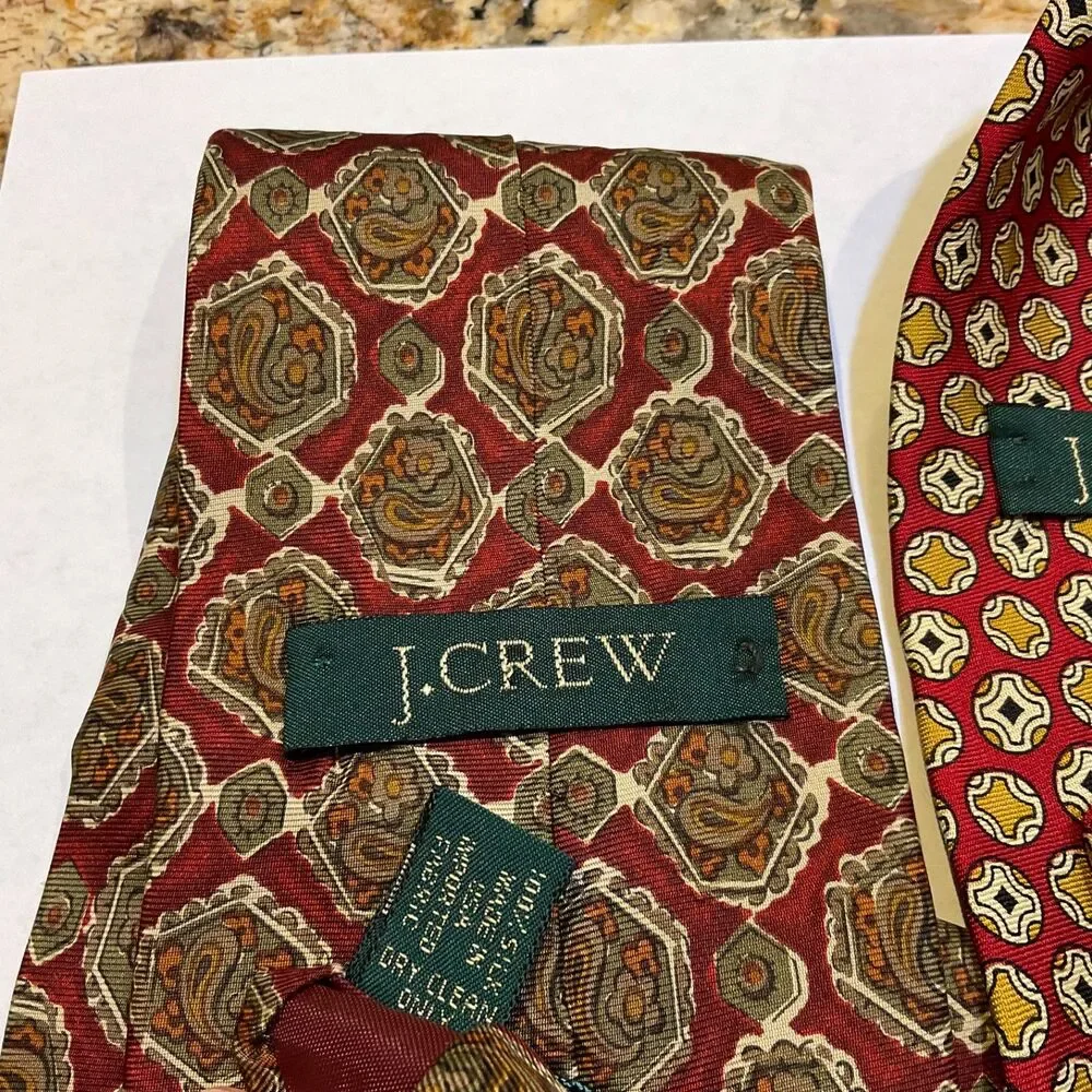 VTG. J. Crew Foulard silk Tie Lot of 2 Geometric Made In USA/ Canada